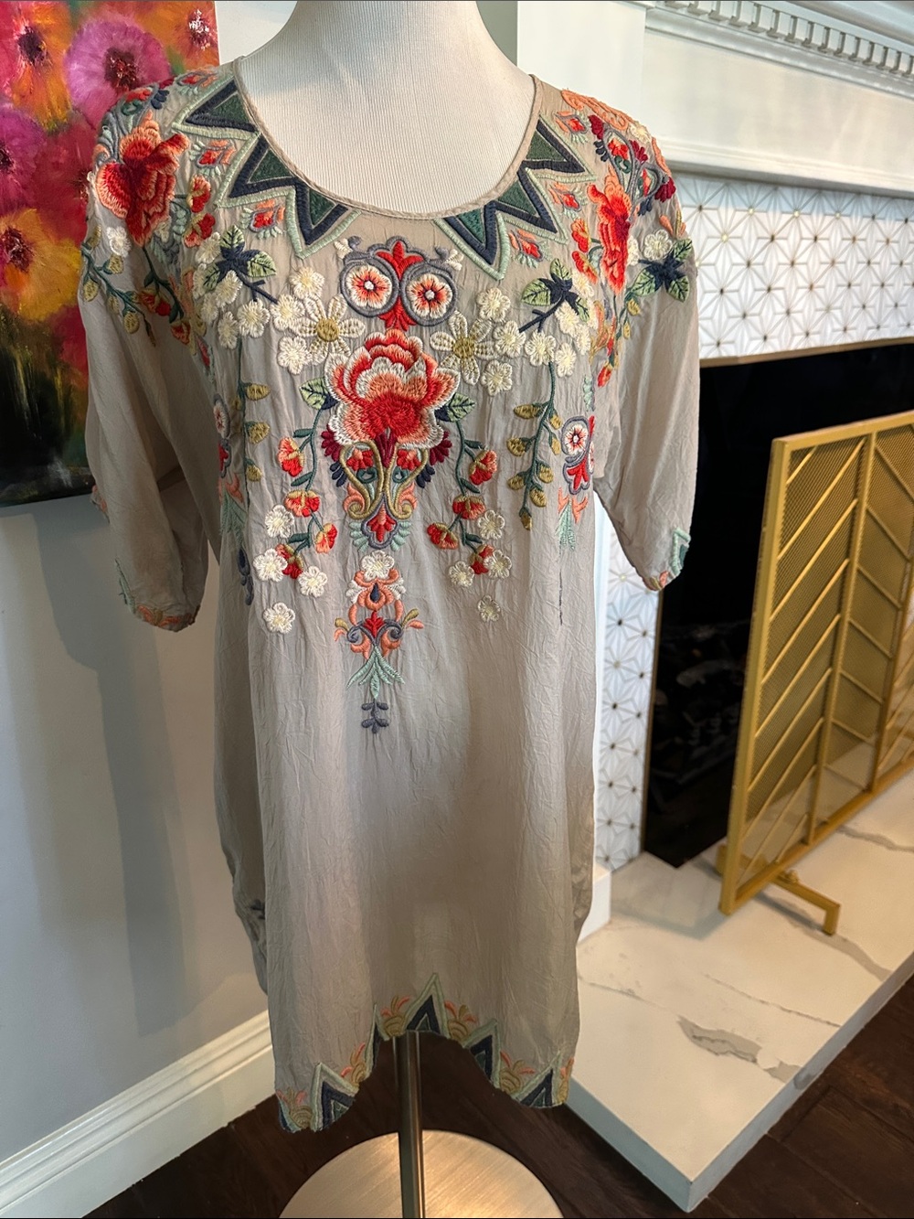 Johnny Was Embroidered Tunic Top in Light Beige with Red Floral Accents